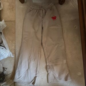 White Fox Boutique Tan Sweatpants with Red Logo